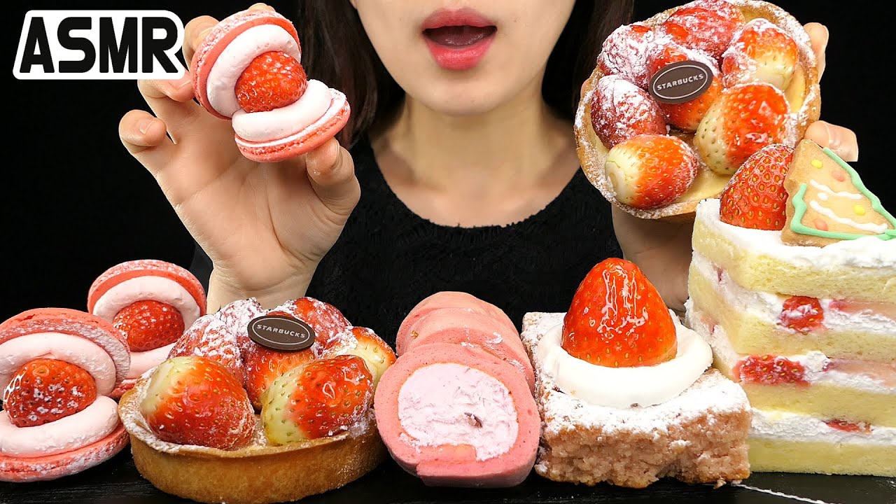 ASMR) STRAWBERRY TART, CAKE, MACARON 딸기타르트, 케이크, 마카롱, 브라우니