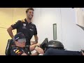 Daniel Ricciardo guides a blindfolded Max Verstappen around a virtual lap of Interlagos