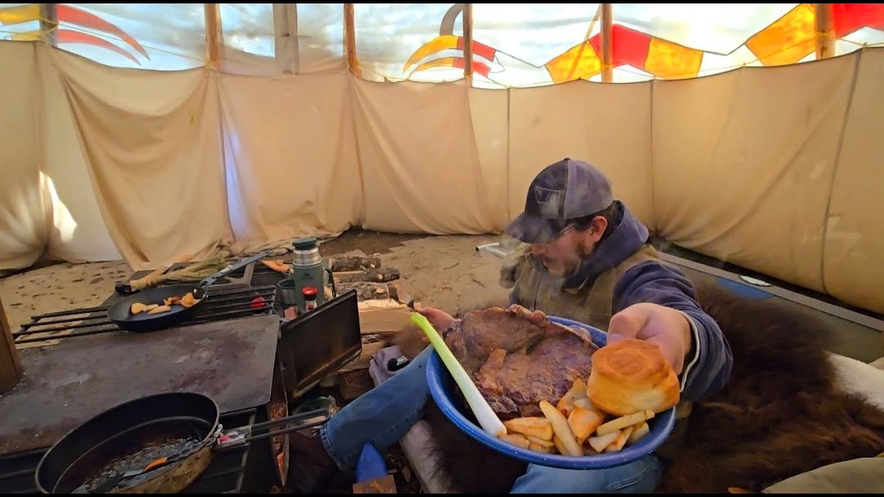 Cold Winter Day, cutting wood and cooking on a hot wood stove. ASMR