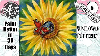 Sunflower and Butterfly  Easy Acrylic Tutorial Step by Step Day 5   #AcrylicApril2022
