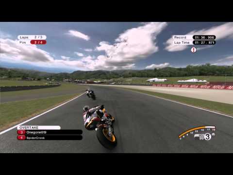 MotoGP 08 PC video game online gameplay with Spider, BustinOut, and OneGone. Racing at the Italian Mugello circuit on advanced settings, no collisions, manual gears. The four of us have been racing regularly for over a year now, usually Friday nights 8pm PST october 23 2010