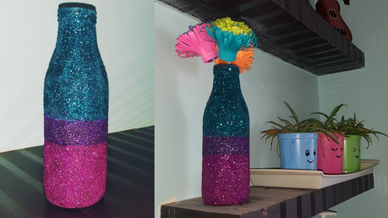 how to glitter glass bottle DIY waste glass bottle decoration best