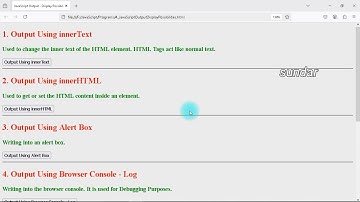 Javascript Output Display Possibilities | innerText | innerHTML | alert() | log() | write() print()