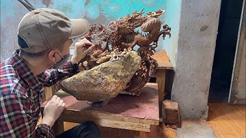 Điêu khắc con rồng gỗ hương ôm đá tự nhiên cực kì hiếm/ TON DRAGONS ART