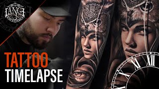 Tattoo Timelapse: Realism in Black and gray – Woman with owl plus eye