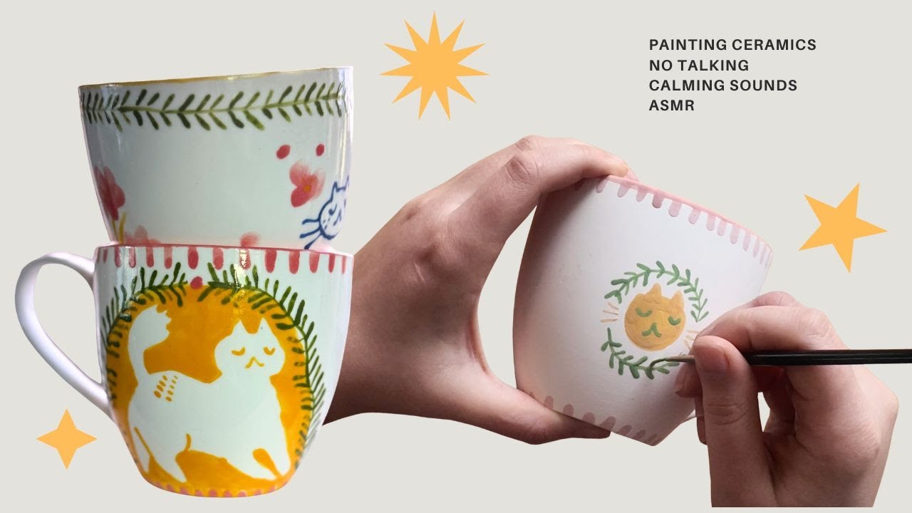 🌱  Cozy painting session | Decorating Ceramic Cups ☕ art ASMR