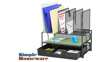 SimpleHouseware Mesh Desk Organizer with Sliding Drawer, Double Tray and 5 Upright Sections