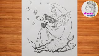 How to draw a fairy is standing on the Moon - Pencil Sketch || Fairy Dreams Scenery || peri çizimi