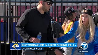 Video goes viral of Stafford reacting to photographer falling off stage at Super Bowl parade l ABC7