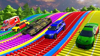 TRANSPORTING CARS,  POLICE CARS, AMBULANCE, FIRE EMERGENCY TRUCK OF COLORS! WITH TRUCKS!   FS 22