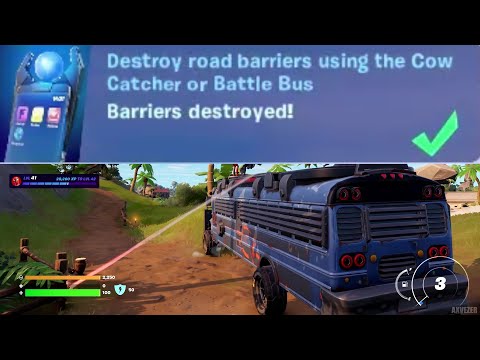 Destroy Road Barriers Using the Cow Catcher or Battle Bus - Fortnite