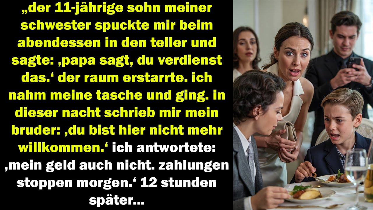 Der elfjährige Sohn meines Bruders spuckte mir beim Abendessen mitten auf den Teller und sagte: „Papa sagt, du hast das verdient.“ Alle starrten mich an, niemand sagte ein Wort. Mein eigener...