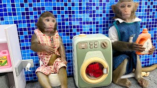 Monkey Bim Bim take care of the Monkey Obi to go to the toilet and do laundry