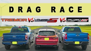 2022 Chevy Silverado ZR2 vs Acura MDX Type S vs Ford F150 Tremor, very close! Drag and Roll Race.