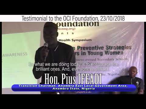 Testimonial (1) to the OCI Foundation by  Hon. Pius Ifeadi (Chairman, Anambra East LGA, Nigeria)