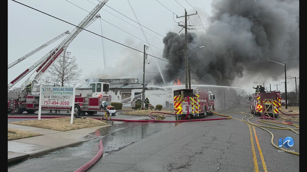 Chesapeake firefighters battle two-alarm blaze at A1 Auto - YouTube