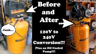 Air Compressor Conversion!  Out With Old, In With the New!!  120v to 240v motor and new pump!