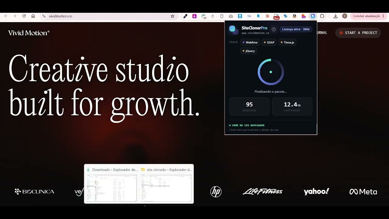 Captura real de uma página com GSAP e Three.js no SiteCloner Pro
