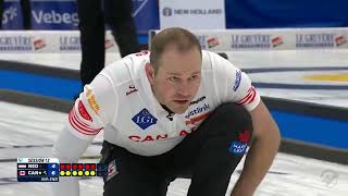 #wmcc2024 Jumbotron Geoff Walker throws peel on an inch of a stone buried by a free center guard