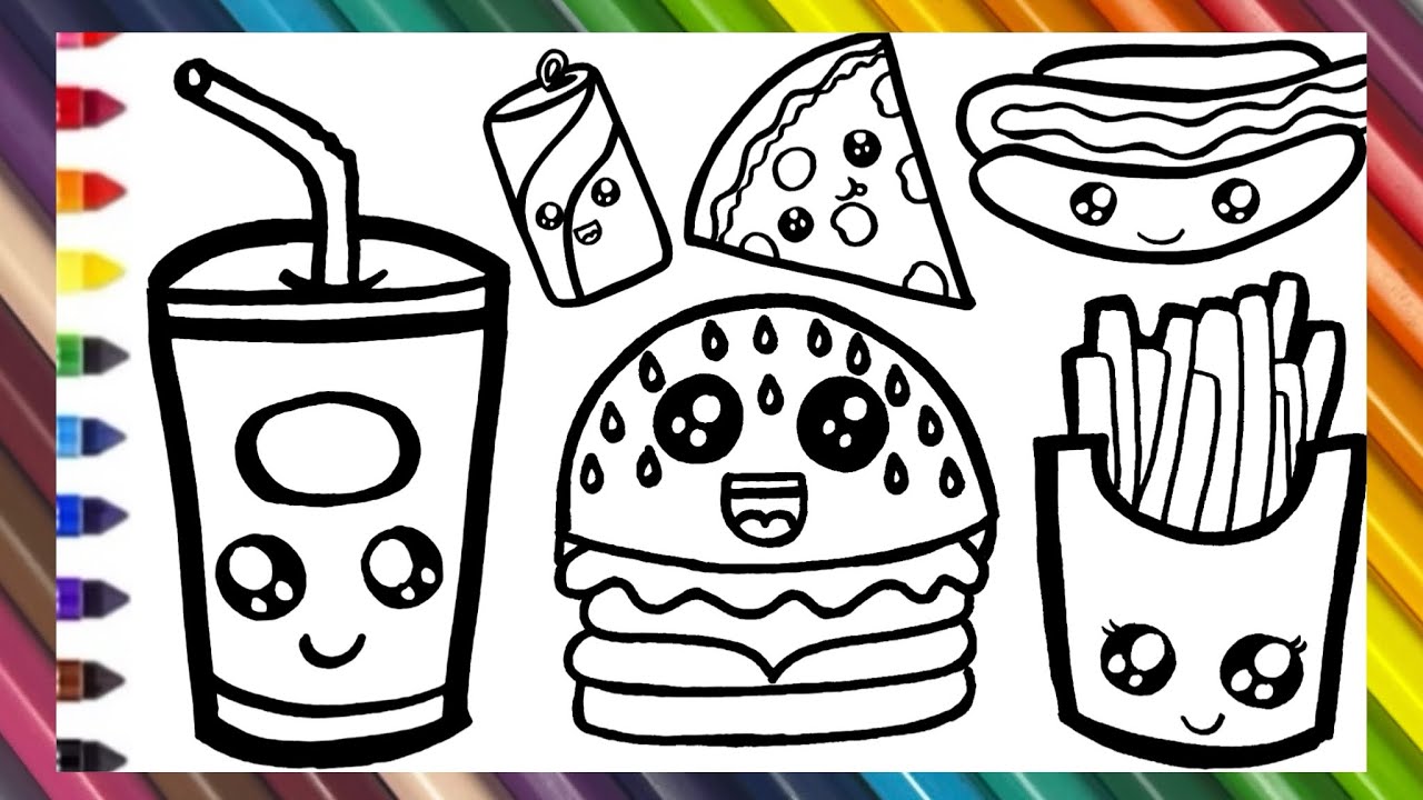 How To Draw Fast Foods 🍔🍕🌭🥤 Drawing And Coloring Cute Fast Foods 🌈 ...