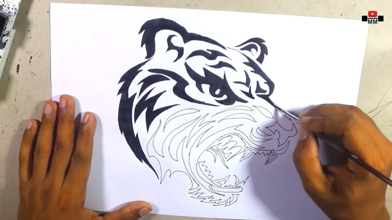 How to draw a Tiger Head _ drawing tricks Tiger Head tattoo