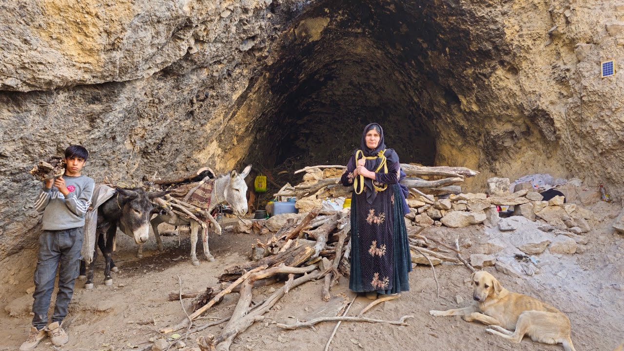 Nomadic adventurer mother and son collecting firewood in the mountains ...