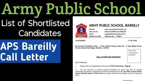 Aps Bareilly Call Letter|Army Public School Interview| Shortlisted Candidates List|Session 2025-26