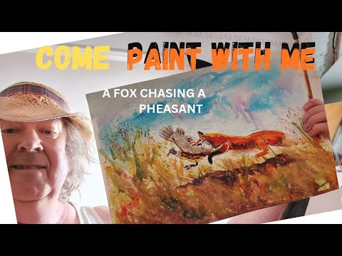 Home studio watercolour painting, fox chasing a pheasant 