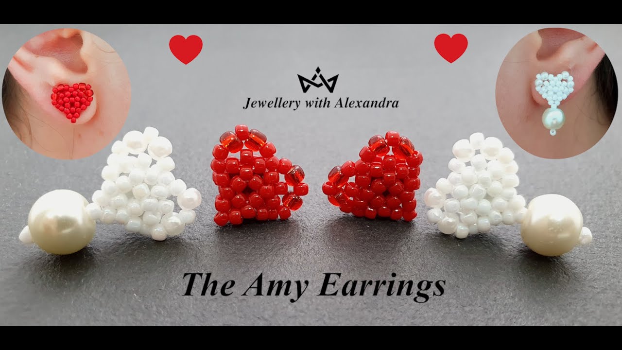 The Amy Earrings ❤️ How To Make Heart Shaped Stud / Post Earrings With Seed Beads And Pearls
