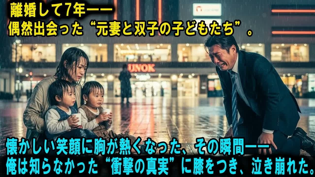 十一月の東京、雨上がりの街で、俺は一千万円の寄付金の目録を掲げてカメラの前で笑っていた。その時、七年ぶりに元妻の由奈が子供食堂から出てくるのが見えた。彼女の両手には、六歳くらいの双子の子供たちがいた。目が合った瞬間、由奈はまるで知らない人を見るように無表情で俺の前を通り過ぎた。「ママ、あのおじさん、なんで僕たちを見てるの？」子供の声が胸に突き刺さった。「知らないわ。行きましょう」由奈の声は氷...