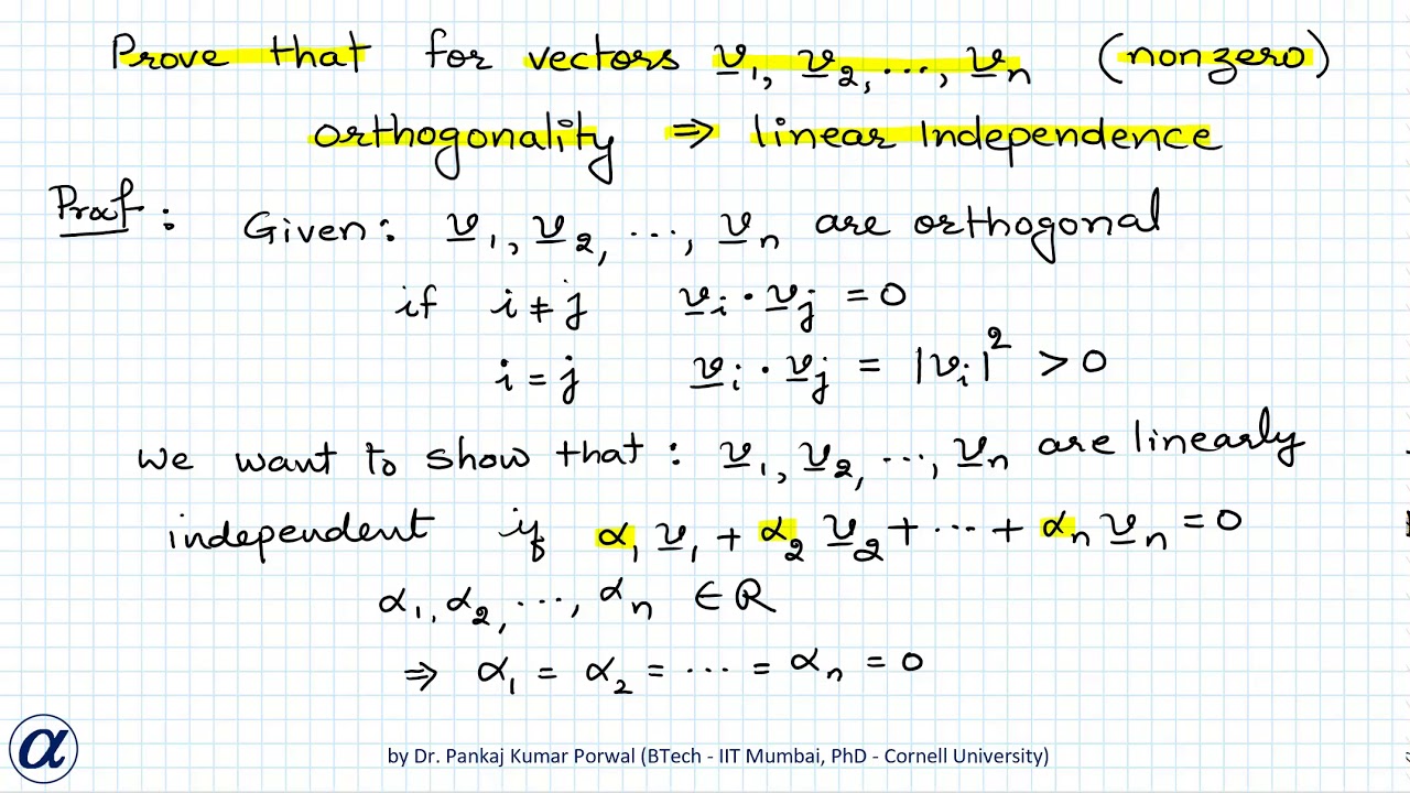Orthogonality implies Linear Independence ( Orthogonal implies Linearly Independent ) Orthogonality implies Linear Independence ( Orthogonal implies Linearly Independent )