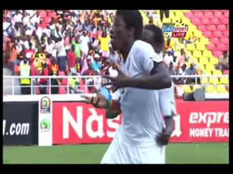 Sunderland striker, Asamoah Gyan, dancing after scoring against Nigeria at the African cup of Nations via www.guestlistcanada.com