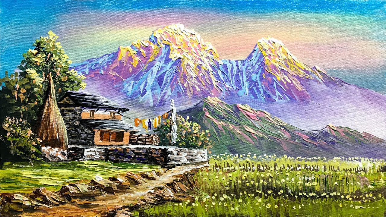 Village Scenery in Beautiful Landscape |Acrylic Nature Painting ...