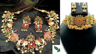 Gold plated Alloy necklace set | Rajputana Jewellery set | Meenakari jewellery set