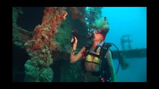 Woman Scuba Diver Explores Sunken Wreck