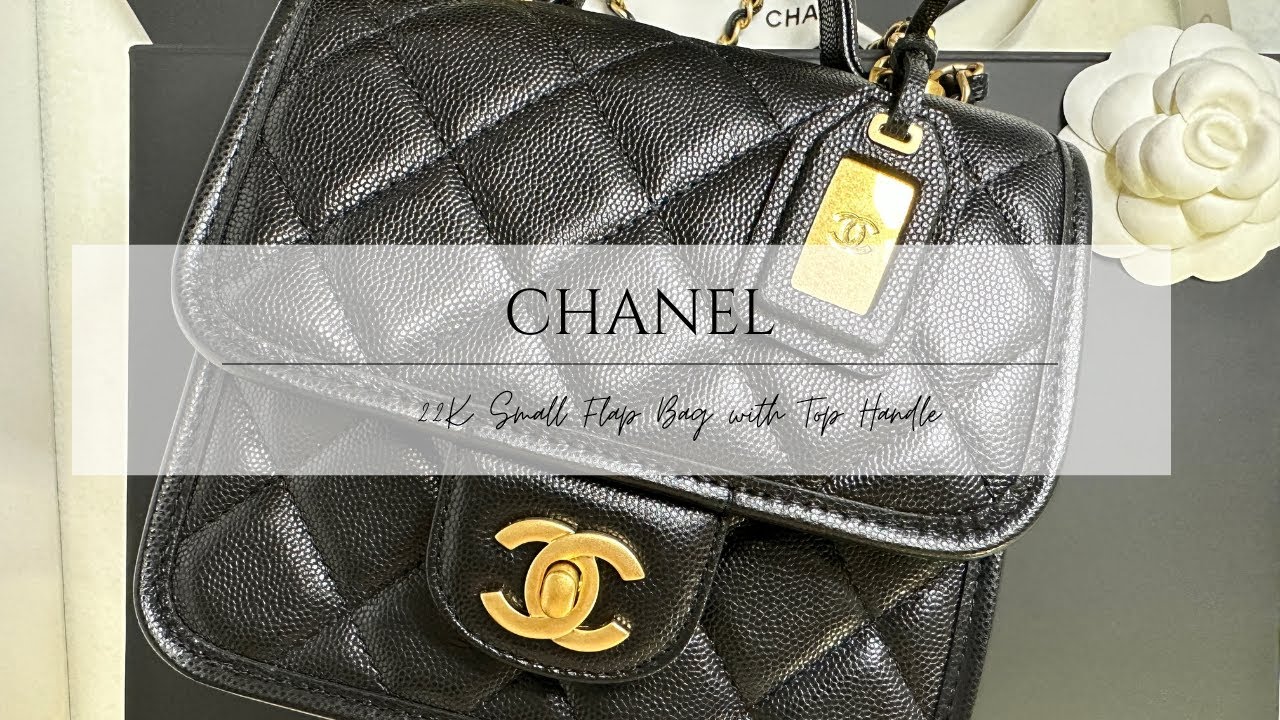 《CHANEL》22K Small Flap Bag with Top Handle Black Grained Calfskin ...