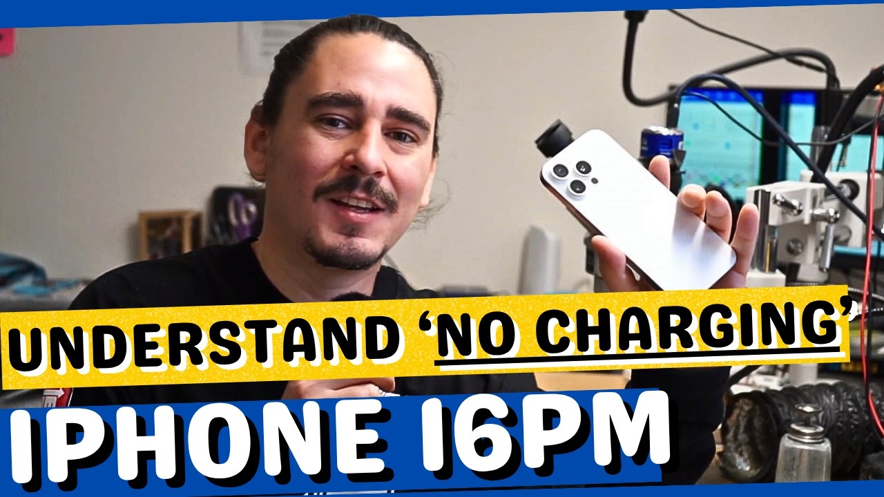 Video demonstrating the diagnostic and microsoldering motherboard repair process to recover data from an iPhone 16 Pro Max with a multi-stage charging circuit failure.