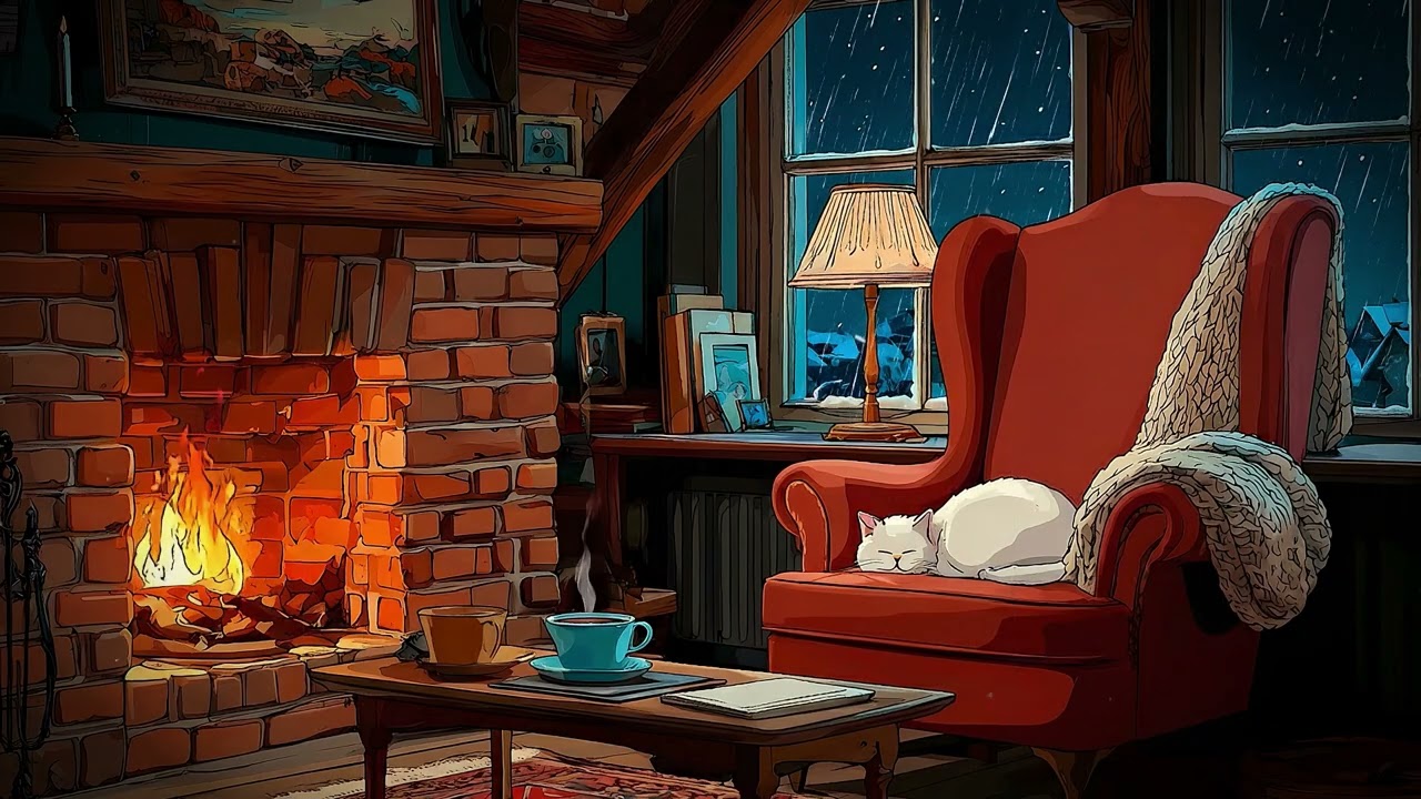 1940s Vintage Oldies Music with Cozy Fireplace & Rain sounds for Unwind | Playing in another room