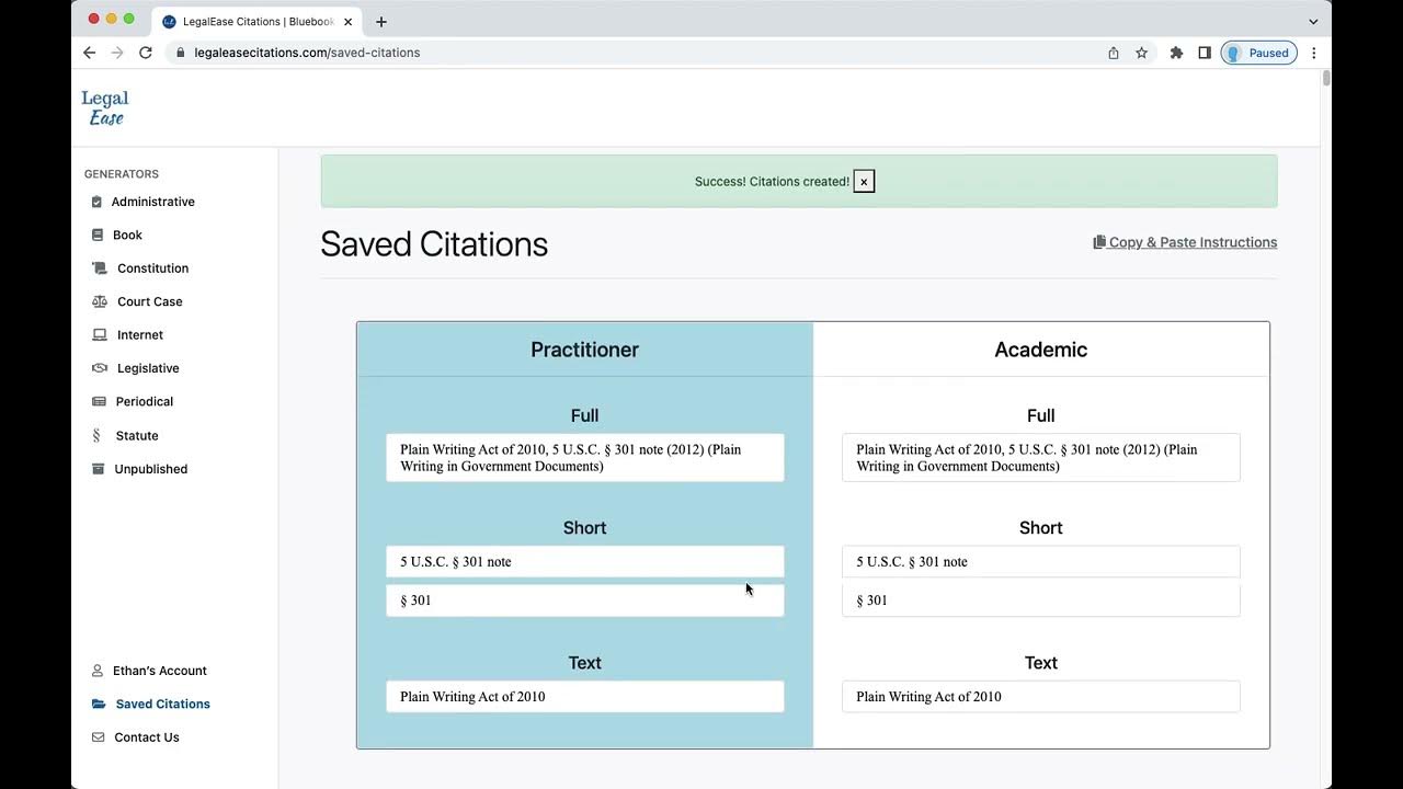 How to Use LegalEase Citations to Create Statute Bluebook Citations