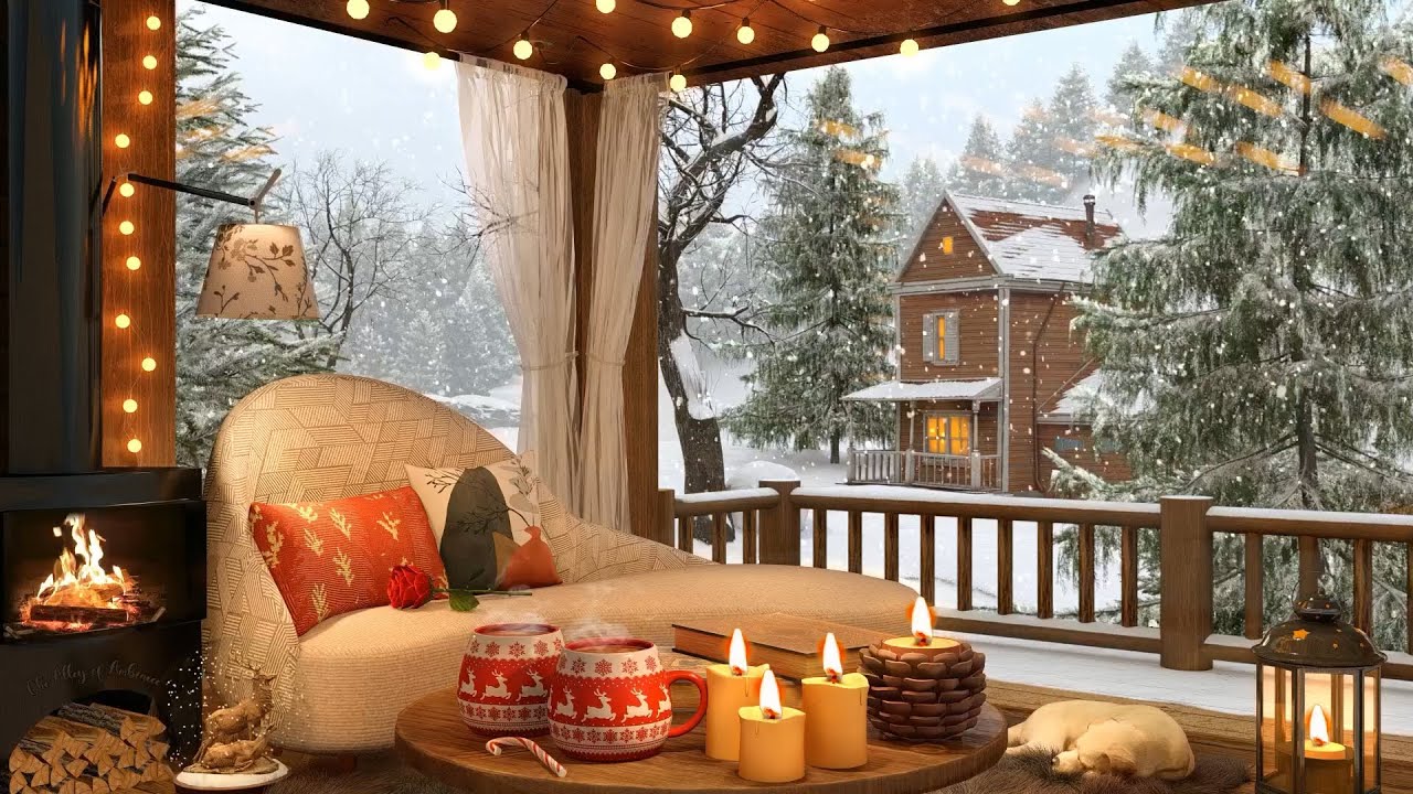Winter Cozy Cabin in Snowfall Ambience with Crackling Fireplace, Snow  Falling and Relaxing Wind 