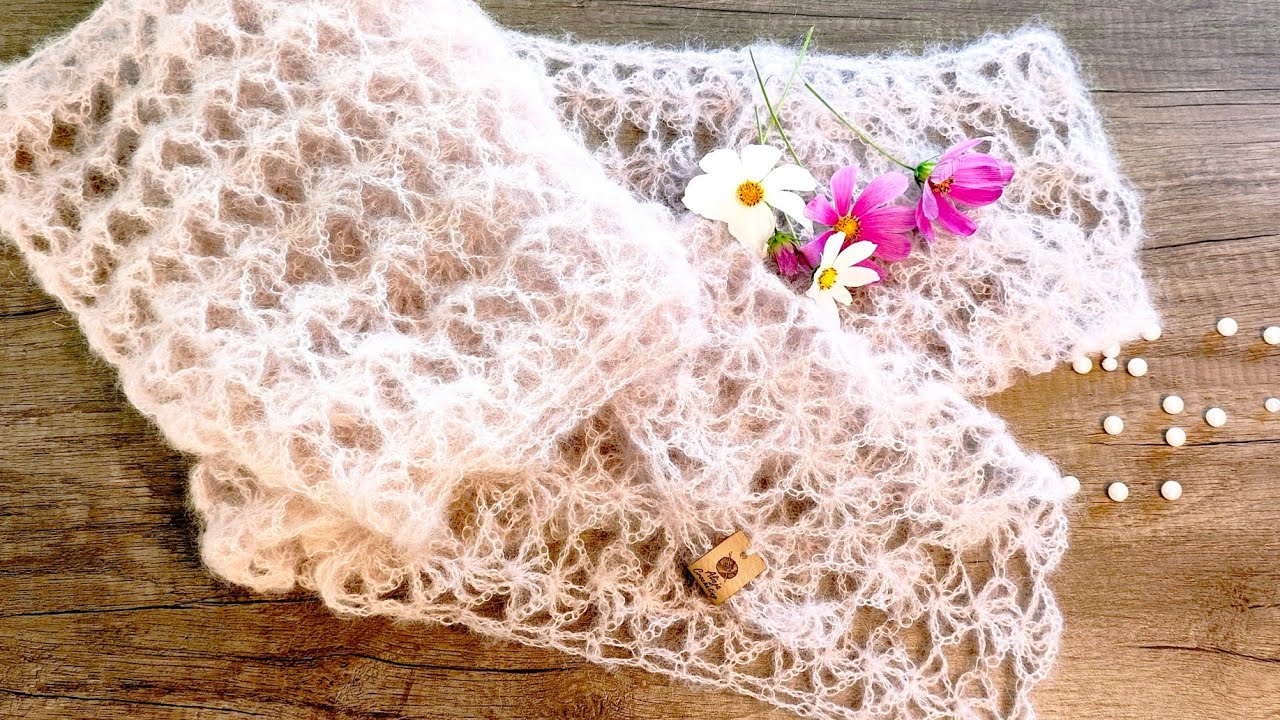 Ażurowy moherowy szal z jedwabiem - mgiełka ♥️ / Lace, delicate mohair with silk shawl on crochet