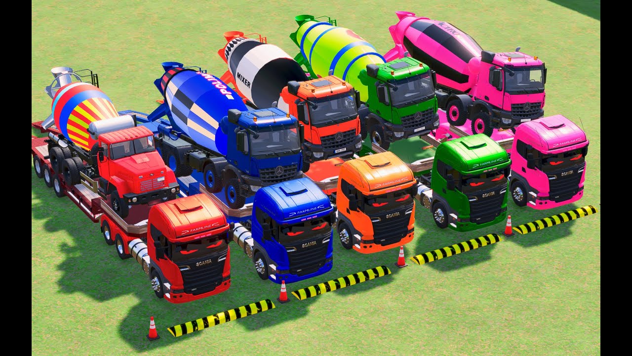 Garage with Colors   ALL MIXER TRUCK WITH DOUBLE FLATBED TRAILER TRUCK, DAF, VOLVO, FREIGHTLINER