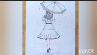 رسومات بنات//رسم بنت تمشى تحت المطر وتمسك شمسيه بالقلم الرصاص خطوه بخطوه