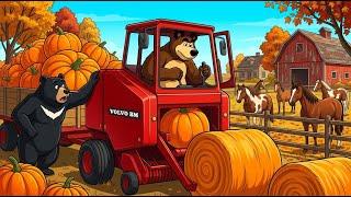 Farm Works: Bears Operating Red Volvo BM Baler for Giant Pumpki... | 20 Golden Acres Funny Animation