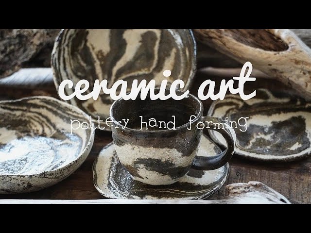 陶芸」pottery/手びねり/お皿とカップをマーブル模様で造った