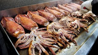 Korean traditional grilled fish, Squid, mackerel, seafood cooking, korean food