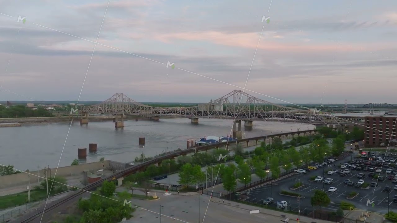 Aerial view of the Martin Luther King Jr. Bridge over the Mississippi River in St Louis at dusk