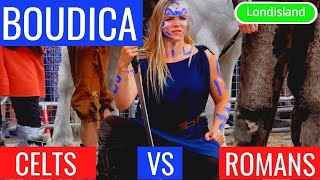 ENGLAND: GREAT BOUDICA - Celts vs Romans theatre war reconstruction at Granary Square in London/
ENGLAND: GREAT BOUDICA - Celts vs Romans theatre war reconstruction at Granary Square in London, 2014
Boudica or Boudicca, also known as Boadicea or Boudicea, and in Welsh as Buddug was a queen of the British Iceni tribe who led an uprising against the conquering forces of the Roman Empire in AD 60 or 61. According to Roman sources, shortly after the uprising failed, she poisoned herself or died of her wounds, although there is no actual evidence of her fate. She is considered a British folk hero.
Boudicas husband Prasutagus, with whom she had two children whose names are unknown, ruled as a nominally independent ally of Rome, and left his kingdom jointly to his daughters and to the Roman emperor in his will. However, when he died, his will was ignored, and the kingdom was annexed and his property taken. According to Tacitus, Boudica was flogged and her daughters raped. Cassius Dio explains Boudicas response by saying that previous imperial donations to influential Britons were confiscated and the Roman financier and philosopher Seneca called in the loans he had forced on the reluctant Celtic Britons.
In AD 60 or 61, when the Roman governor Gaius Suetonius Paulinus was campaigning on the island of Mona (modern Anglesey) on the northwest coast of Wales, Boudica led the Iceni, the Trinovantes, and others in revolt. They destroyed Camulodunum (modern Colchester), earlier the capital of the Trinovantes but at that time a colonia, a settlement for discharged Roman soldiers and site of a temple to the former Emperor Claudius. Upon hearing of the revolt, Suetonius hurried to Londinium (modern London), the 20-year-old commercial settlement that was the rebels next target. He lacked sufficient numbers to defend the settlement, and he evacuated and abandoned Londinium. Boudica led a very large army of Iceni, Trinovantes, and others against a detachment of the Legio IX Hispana, defeating them, and burning Londinium and Verulamium.
An estimated 70,000–80,000 Romans and Britons were killed in the three cities by those following Boudica, many by torture. Suetonius, meanwhile, regrouped his forces, possibly in the West Midlands; despite being heavily outnumbered, he decisively defeated the Britons. The crisis caused Nero to consider withdrawing all Roman forces from Britain, but Suetoniuss victory over Boudica confirmed Roman control of the province. Boudica then either killed herself to avoid capture (according to Tacitus), or died of illness (according to Cassius Dio).
Interest in these events was revived in the English Renaissance and led to Boudicas fame in the Victorian era. Boudica has remained an important cultural symbol in the United Kingdom. ENGLAND: GREAT BOUDICA - Celts vs Romans theatre war reconstruction at Granary Square in London/
