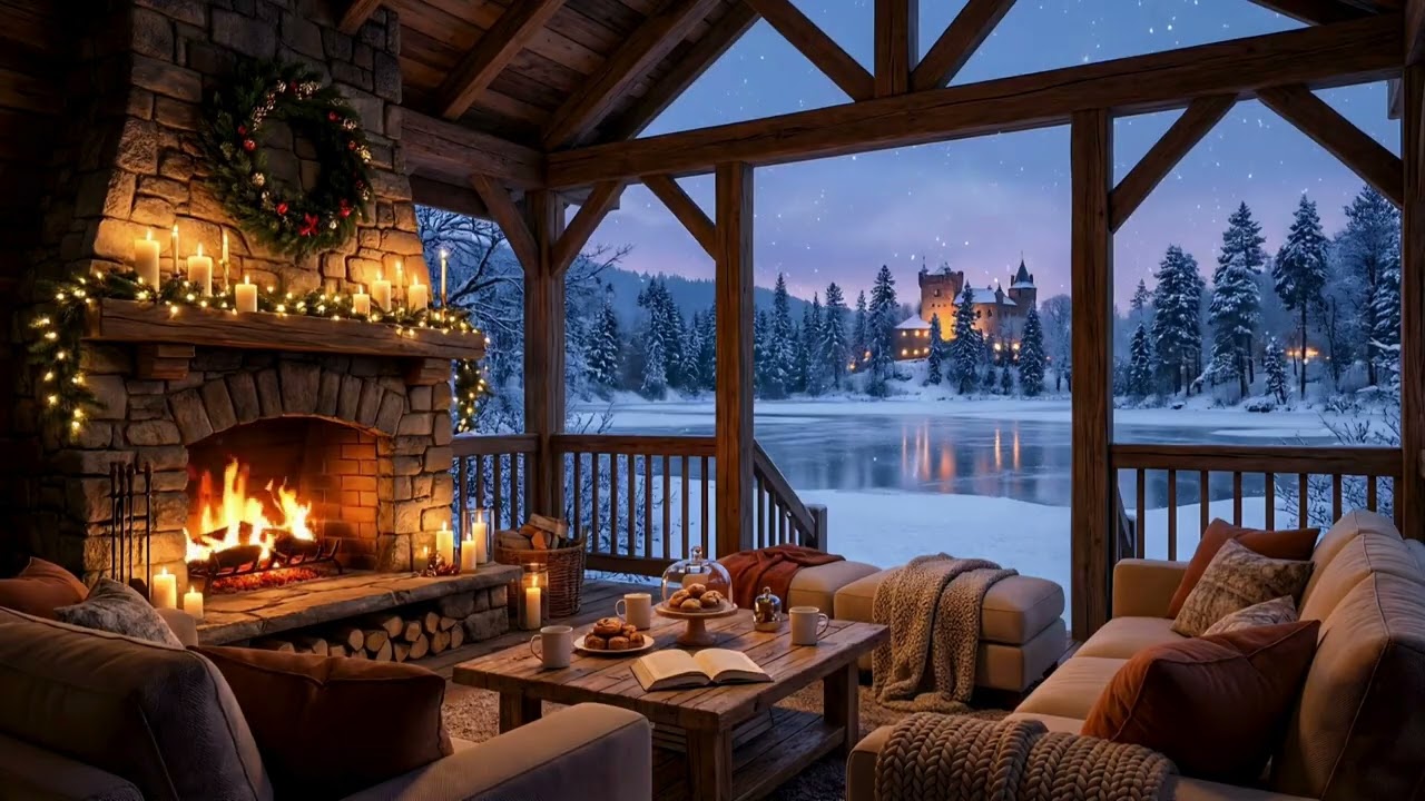 "Chillout Music" | "Cozy Winter Lodge Fireplace" | "Frozen Lake & Castle at Dusk" | 4K