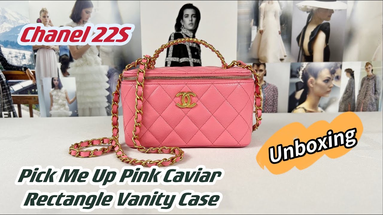 Chanel 22S Pick Me Up Pink Caviar Rectangle Vanity Case with Antique Gold  Hardware. 